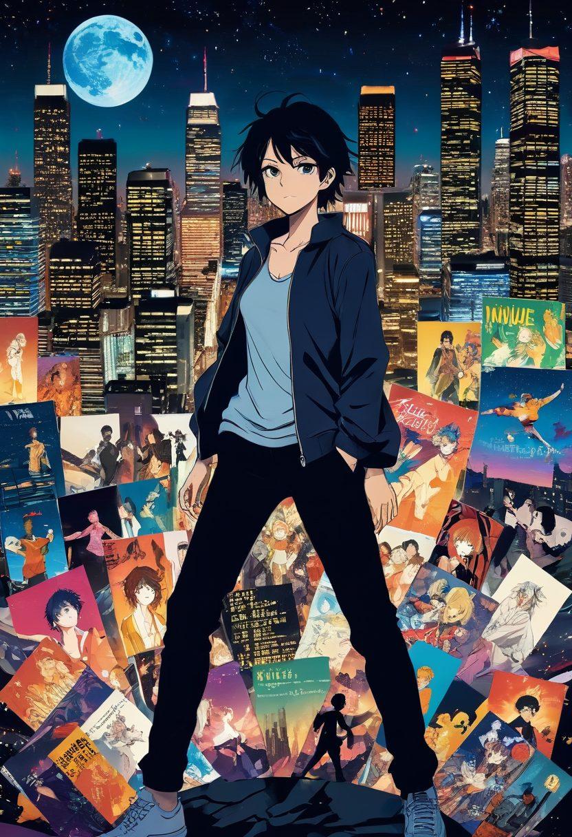 A vibrant collage of popular adult anime characters in dynamic poses, surrounded by colorful manga book covers, showcasing various art styles. Include subtle elements that convey mature themes, like a city skyline at night and abstract patterns in the background. Emphasize an adventurous and immersive atmosphere. vivid colors. modern anime style. dark background.