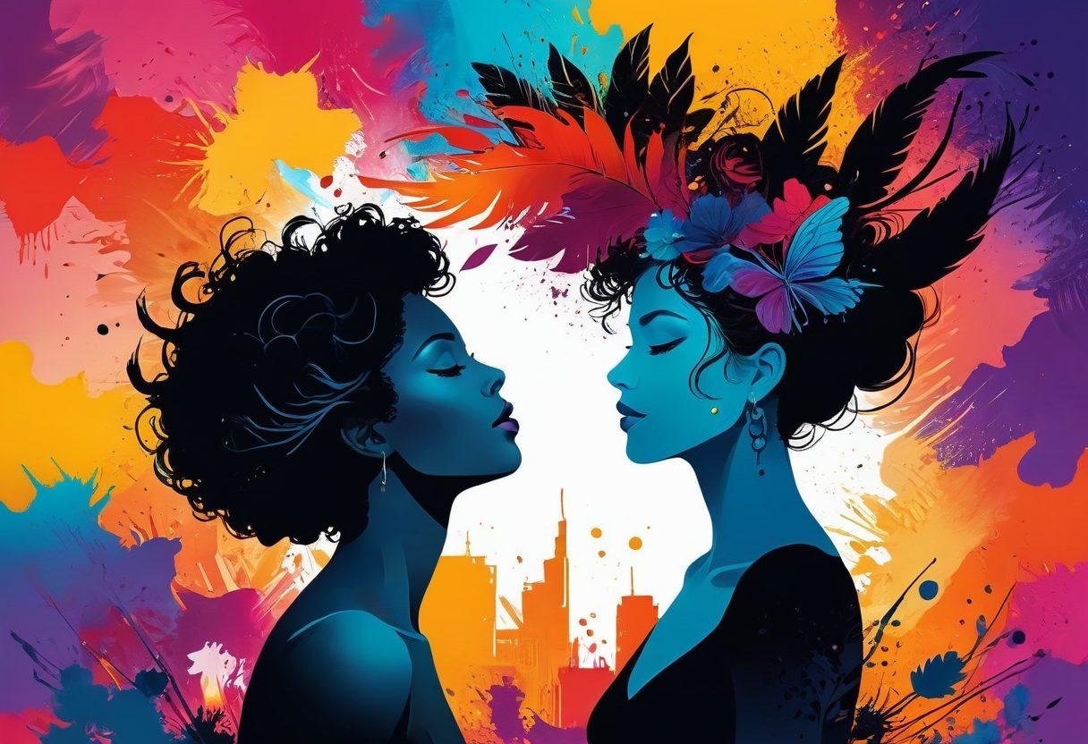 A captivating collage of artistic representations featuring a blend of sensual silhouettes and whimsical storytelling elements, including vibrant paint splashes and ethereal backgrounds. Showcase iconic symbols of adult entertainment, interspersed with storybook motifs like open books and quills, all intertwined in a harmonious flow. The mood should be playful yet sophisticated, illustrating the fusion of art and narrative. Bold colors and soft gradients create a vibrant yet tasteful atmosphere. super-realistic. vibrant colors. painting.